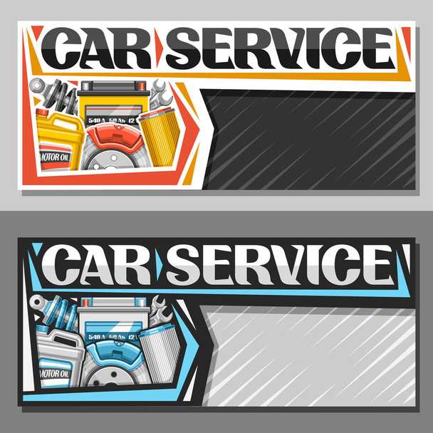 Vector banners for Car Service with copy space, leaflets with set of different auto parts for various mechanic car system, original lettering for words car service, brochure for automotive industry. - Vector, Image