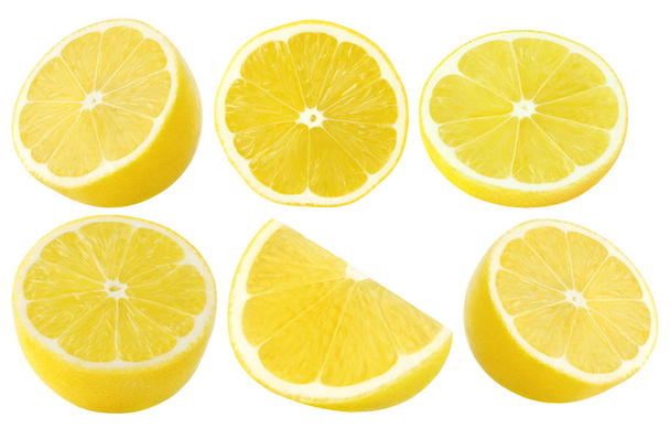 Коллекция лимонных фруктов. Половина, фрагменты изолированы на белом фоне с вырезанием пути
 - Фото, изображение