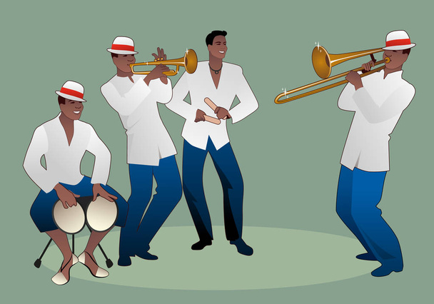 Latijnse band. Vier Latijnse muzikanten spelen bongo's, claves en trompet en trombone. - Vector, afbeelding