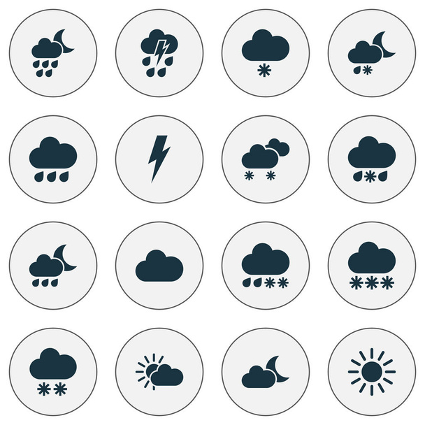 Iconos meteorológicos establecidos con lluvia, media luna, sol y otros elementos húmedos. Iconos de tiempo de ilustración aislada
. - Foto, Imagen