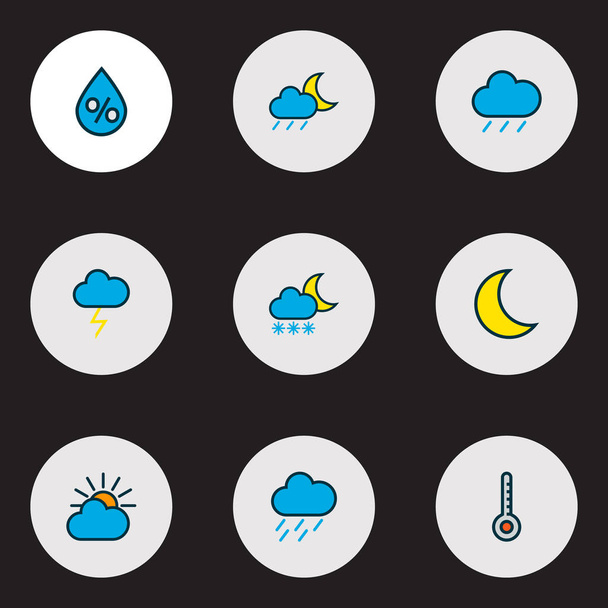 Kolorową linię klimatu ikony zestaw z kropla deszczu, księżycowy, północy i inne elementy skali. Ilustracja na białym tle klimat ikony. - Zdjęcie, obraz