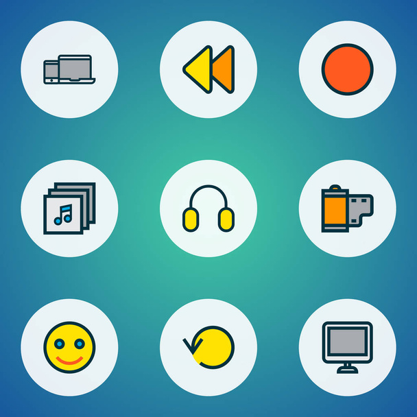 Multimedia icons colored line set with record, film, albums and other smile elements. Isolated  illustration multimedia icons. - Photo, Image