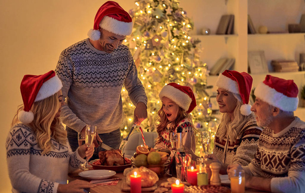 Merry Christmas and Happy New Year! Festive family dinner. Celebrating winter holiday together - 写真・画像