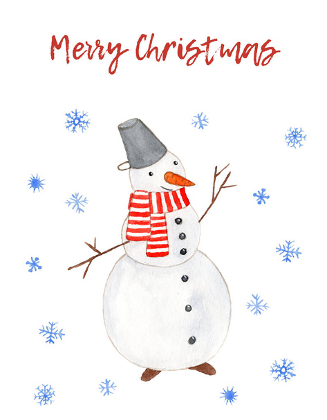 Watercolor Christmas card with funny Snowman - Foto, imagen