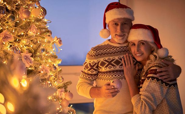 Merry Christmas and Happy New Year! Love has no age! Senior romantic couple is celebrating holiday at home. Grandmother and grandfather in New Year Eve. - Foto, imagen