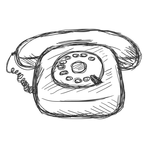 Βρώμικο σκίτσο παλιά περιστροφικό τηλέφωνο απομονώνονται σε λευκό φόντο - Διάνυσμα, εικόνα