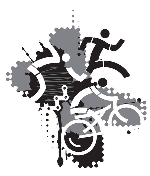 Triathlon Racers, abstrato estilizado. Três atletas abstratos de triatlo estilizados no fundo preto e cinza. Vetor disponível
.  - Vetor, Imagem