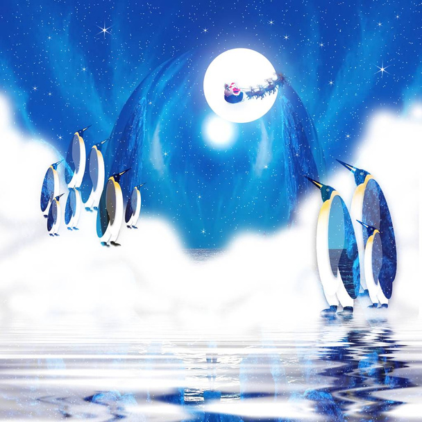 Graficzny ilustracja pingwinów w Artic wyświetlanie Santa Claus w sanie z reniferów, latające po niebie z księżyca w tle. Zorza polarna w odcieniach niebieskiego. - Zdjęcie, obraz
