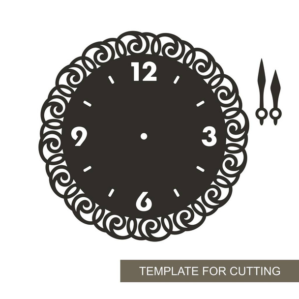 Openwork dial with arrows and arabic numerals. Silhouette of clock on white background. Decor for home. Template for laser cutting, wood carving, paper cut and printing. Vector illustration. - Vector, Image