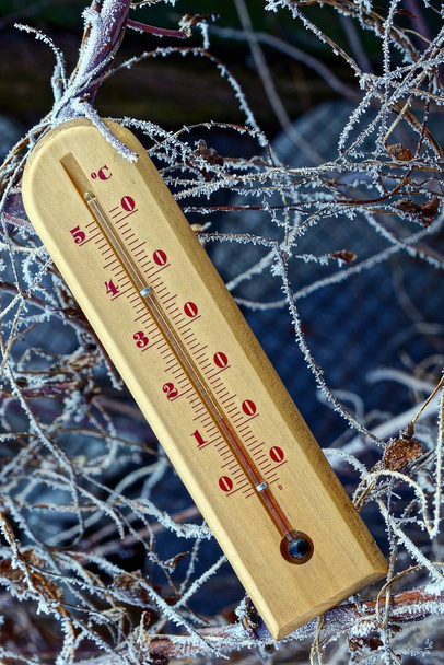 Ένα ξύλινο θερμόμετρο στην ξηρά κλαδιά σε παγετό και χιόνι - Φωτογραφία, εικόνα