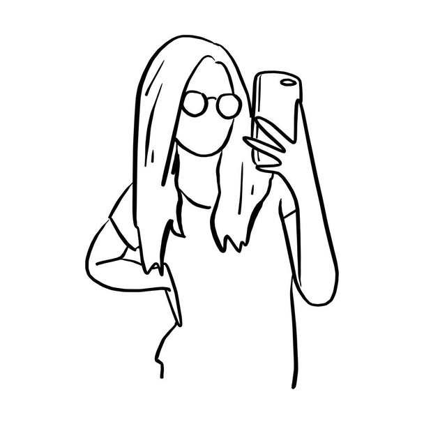 mulher com óculos tirando foto com celular vetor ilustração esboço doodle mão desenhada com linhas pretas isoladas no fundo branco
 - Vetor, Imagem
