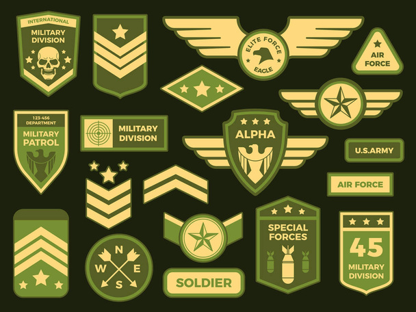 Military badges. American army badge patch or airborne squadron chevron. Badging vector isolated illustration collection - Vetor, Imagem