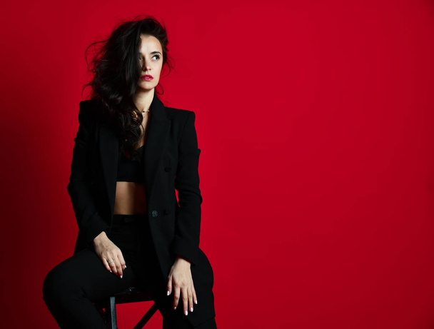 Beautiful sexy woman in black modern stylish jacket and bra underwear red lipstick  - Fotografie, Obrázek