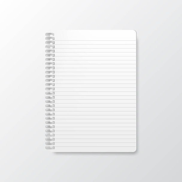 Cuaderno en blanco realista vector horizontal alineado con sombra. Copybook vertical en blanco con espiral metálica de plata
. - Vector, imagen