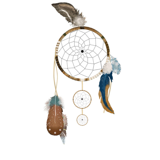 Dream catcher with feathers and ribbon blue red digital art illutration - Foto, immagini