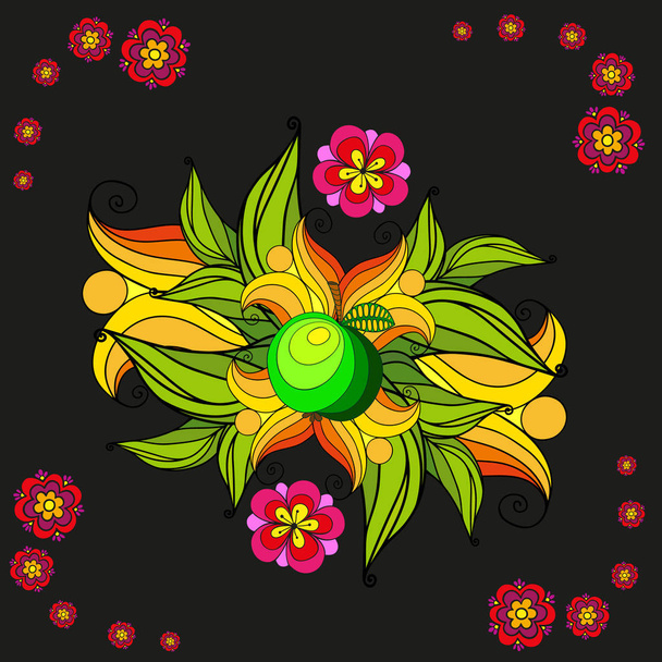 Postcard with bright floral ornament on a black background - Vetor, Imagem