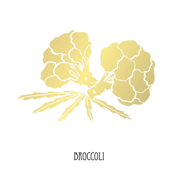 Hand drawn golden broccoli, design element. Can be used for cards, invitations, scrapbooking, print, fabric, manufacturing, food themes. Food theme. Golden vegetables - Vector, Imagen