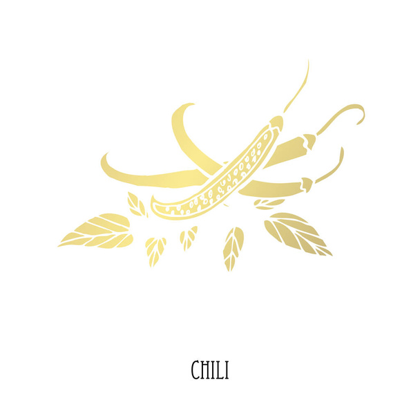 Hand drawn golden chili, design element. Can be used for cards, invitations, scrapbooking, print, fabric, manufacturing, food themes. Food theme. Golden vegetables - Vetor, Imagem