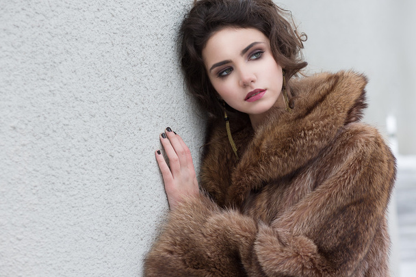 Loneliness. Winter. Beautiful Refined Female in Wool Fur Coat - Photo, image
