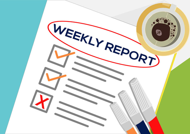Weekly Report or planning icon concept. One task failed. Paper sheets with check marks, abstract text and marker. Cup of Coffee Vector flat illustration isolated on color background - Vector, Image