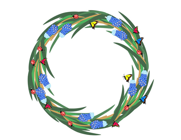 beautiful round floral wreath with muscari flowers, ladybugs and butterflies isolated on white background - Vetor, Imagem