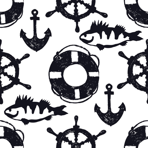Ship's wheel, lifebuoy, fish and anchor Seamless pattern Sketch style - Vecteur, image