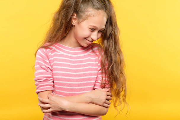 cute shy smiling girl embarrassed child emotion - Photo, image