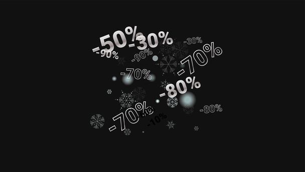 Percent Sings on Dark Background. Black Poster with Silver Percent Sings and Snowflakes. Vector Discount Sale Background. - Wektor, obraz