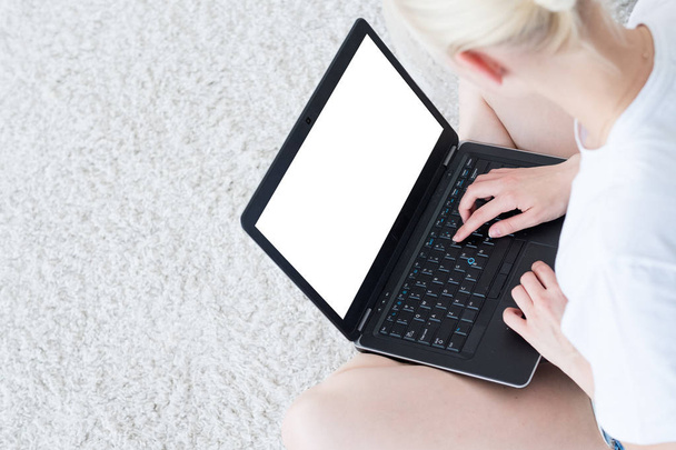 woman typing laptop blog social media white screen - Zdjęcie, obraz