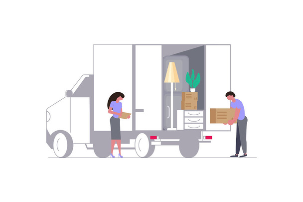 Moving truck with movers and cardboard boxes. - Vector, Image