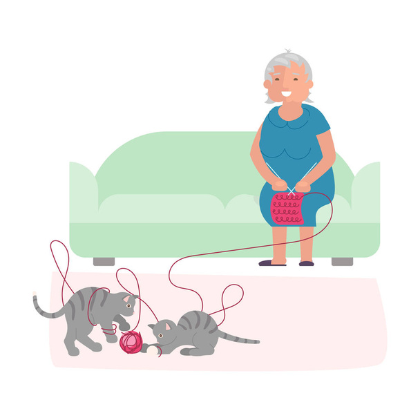 Ηλικιωμένη γυναίκα και χαριτωμένα γατάκια γκρι - Διάνυσμα, εικόνα