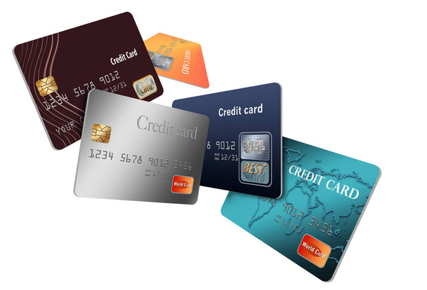 Aquí hay un grupo de tarjetas de crédito flotantes y voladoras en una ilustración.
. - Foto, Imagen