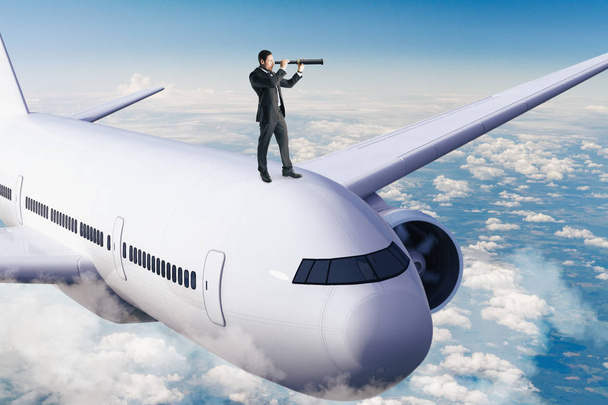 Businessman looking at airplane with telescope. Research and travel concept. 3D Rendering  - Foto, Bild