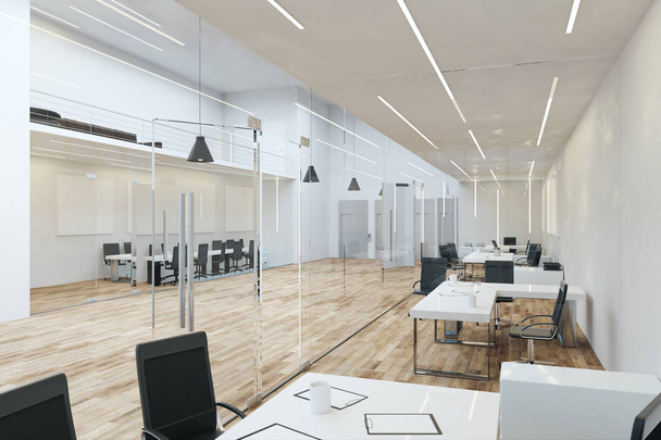 Novo escritório interior com mobiliário e luz do dia. Renderização 3D
  - Foto, Imagem