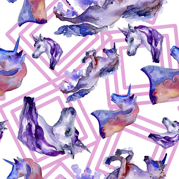 Cute unicorn horse in a watercolor style isolated. Seamless background pattern. Fabric wallpaper print texture. - Photo, image