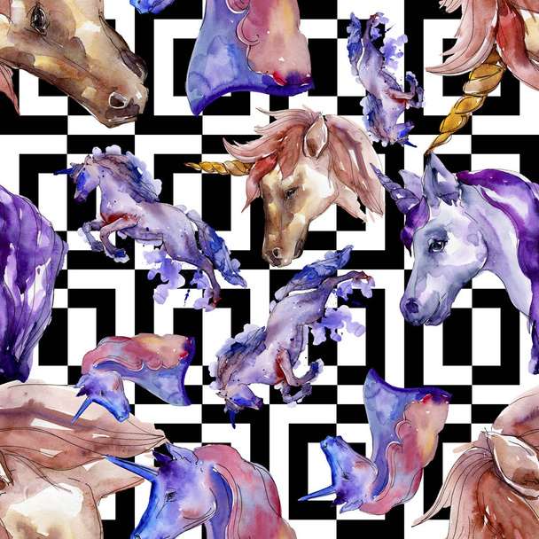 Schattig unicorn paard in een aquarel stijl geïsoleerd. Naadloze achtergrondpatroon. Structuur behang print textuur. - Foto, afbeelding