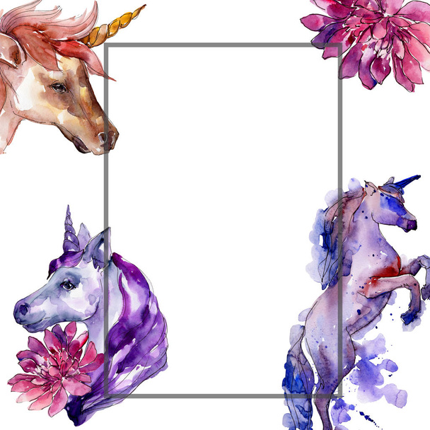 Cute unicorn horse. Fairytale children sweet dream. Watercolor background. Frame border ornament square. - Photo, Image