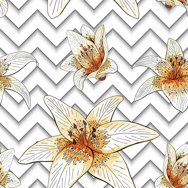 Zökkenőmentes minta kép tiger liliom virágok geometriai háttérrel - Vektor, kép