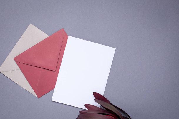 Present card and flower burgundy color on gray background top view - 写真・画像