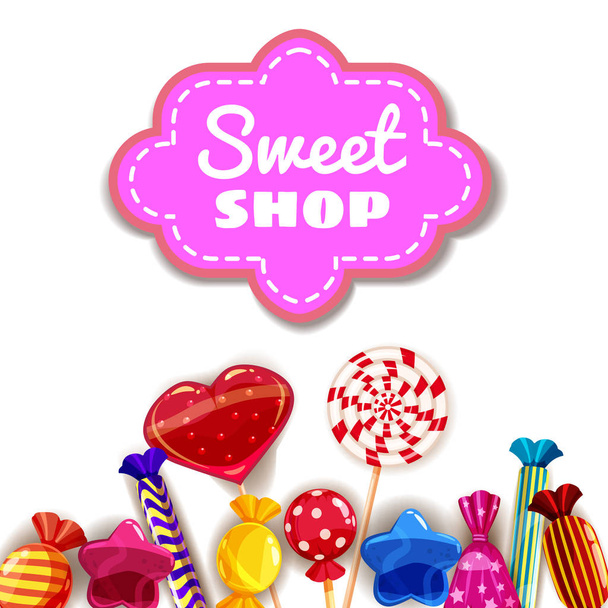 Candy Sweet Shop шаблон набора различных цветов конфет, конфет, сладостей, конфет, мармеладки. Фон, плакат, баннер, вектор, изолированный, карикатурный стиль
 - Вектор,изображение