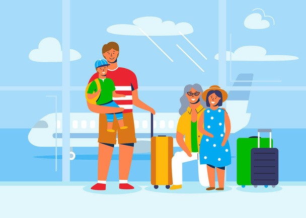 Menschen auf Familienausflug. Vater, Mutter, Sohn und Tochter sitzen mit Gepäck im Flughafenterminal und warten darauf, ins Flugzeug zu steigen. Touristen mit Koffern. Vektorillustration - Vektor, Bild