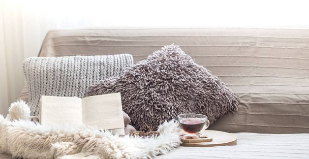 Dom typu comfort, pokój dzienny z sofą i wnętrze szczegóły, domową atmosferę i komfort koncepcja - Zdjęcie, obraz