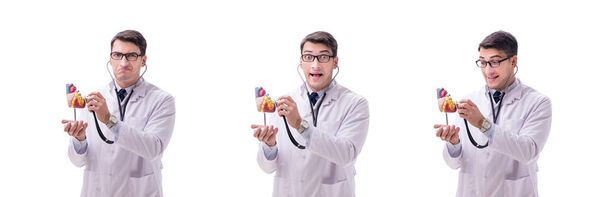 Mladý lékař s tvarem srdce izolované na bílém - Fotografie, Obrázek