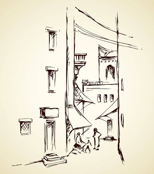 Ηλικίας προσανατολίσουν κληρονομιάς γραφής σκηνή. Ρετρό μουσουλμανική berber arch gate οικοδομήσει κατοικία σε άσπρο φόντο. Γραμμή μαύρο μελάνι το χέρι συντάσσονται Σαουδική άνθρωπος τρίμηνο σκίτσο εικόνα σε αντικέ στυλ στυλό πάνω σε χαρτί θέση - Διάνυσμα, εικόνα