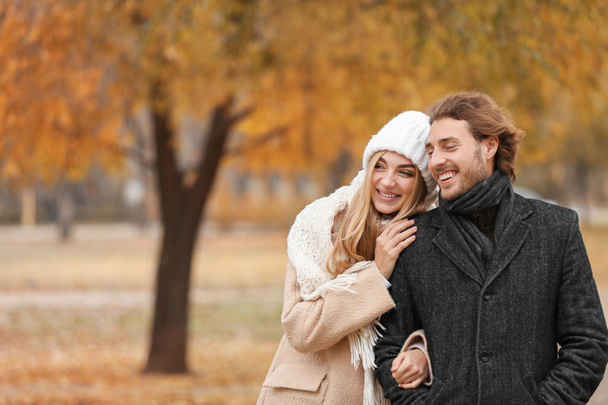 Young romantic couple in park on autumn day - Fotoğraf, Görsel