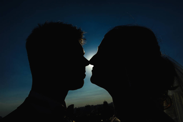 silhouette of kissing bride and groom - Фото, изображение