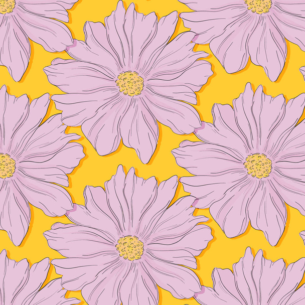 Kreative Dekoration violettgelber Naturdruck. schöne niedliche Blume blühen Textur Muster. Mode Oberfläche Hintergrund. Federstoff, Textil. Vektorhintergrund - Vektor, Bild