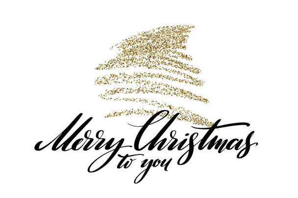 Счастливого Рождества вам от руки написаны слова с золотой блестящей елкой на заднем плане. Новогоднее знамя со световыми эффектами. Дизайн праздничных открыток и приглашений
. - Вектор,изображение
