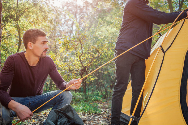 Visão de corte de dois homens trabalhando. Primeiro segura corda enquanto outra toca na tenda. Eles estão na floresta.
. - Foto, Imagem