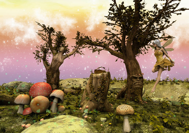 Uma cena colorida de um prado de fantasia com uma pequena fada voando
.  - Foto, Imagem